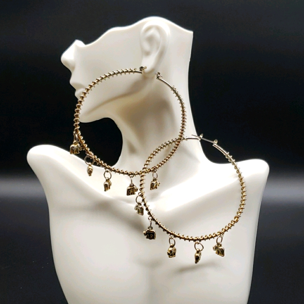 Oversized Gold Tone Elephant Hoop Earrings